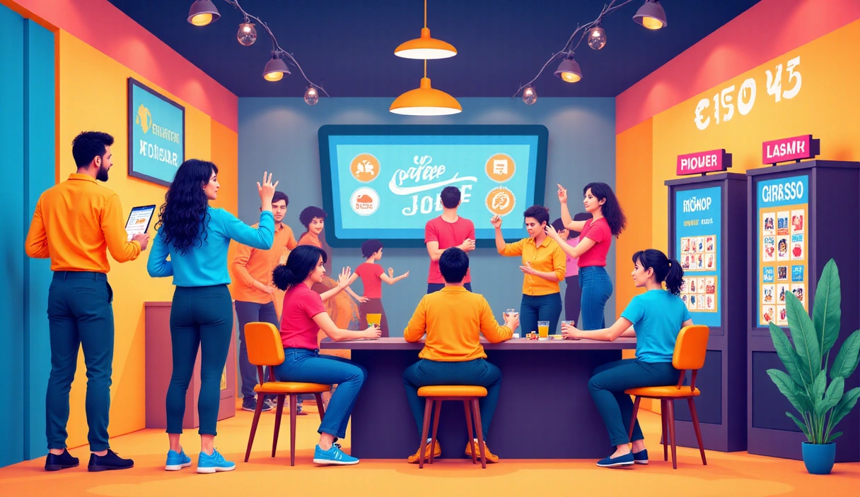 Abstract illustration of a vibrant social casino community with diverse players engaging in games.