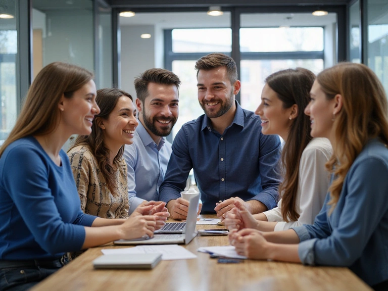 Team members collaborating and smiling in a modern office environment.
