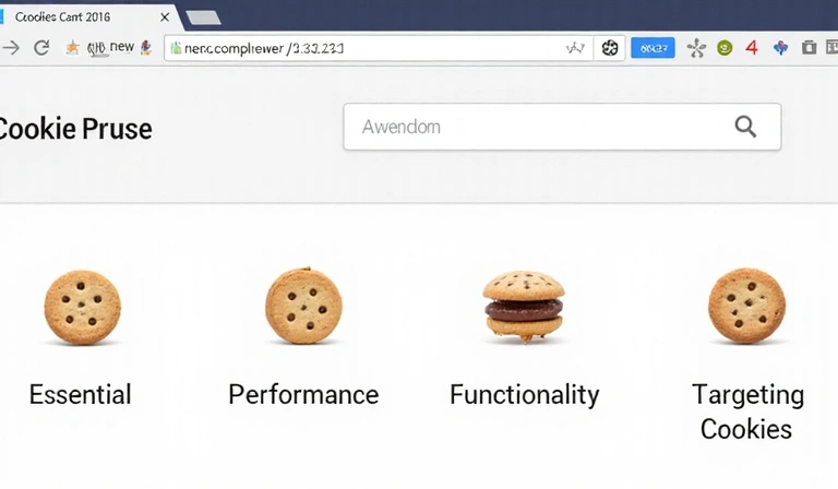 Illustration of various types of cookies and their functions, showing a web browser with small cookie icons representing essential, performance, functionality, and targeting cookies.