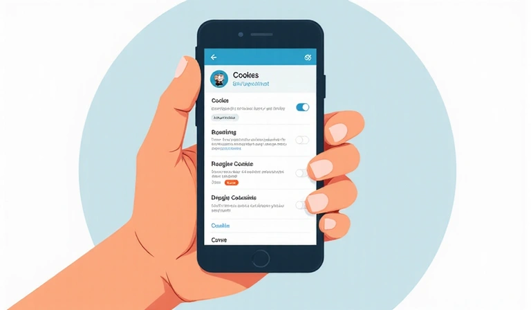 Illustration of a hand holding a smartphone with cookie settings on screen, showing options to accept or decline cookies. Represents user choice and control.