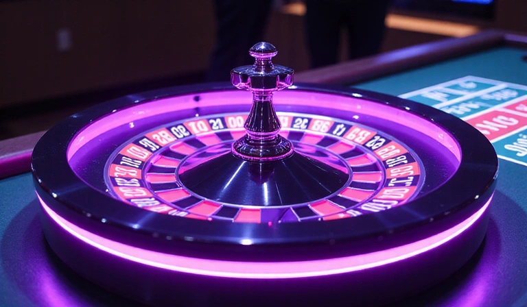 An animated American roulette wheel and betting table, glowing with neon purple light, showing both 0 and 00 pockets and virtual chips.