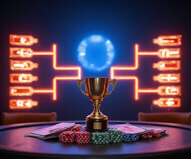 Dynamic graphic representing a tournament bracket with glowing virtual trophies for Poker Championship