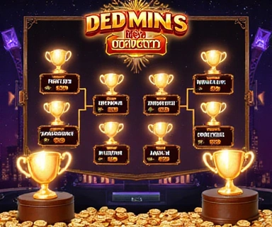 Dynamic graphic representing a tournament bracket with glowing virtual trophies for Slots Frenzy